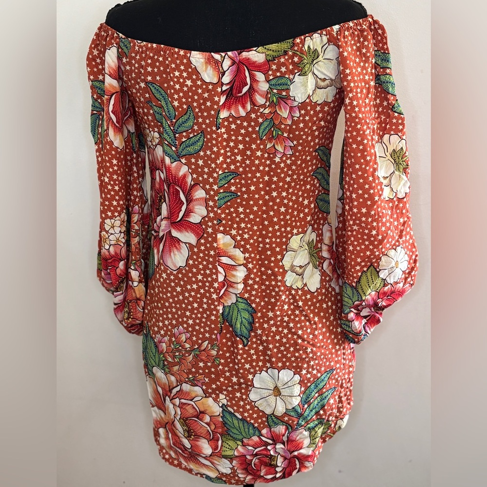 Farm Rio x Anthropology Star Floral Off shoulder Bell Sleeve Dress Tunic SZ S - Picture 2 of 10